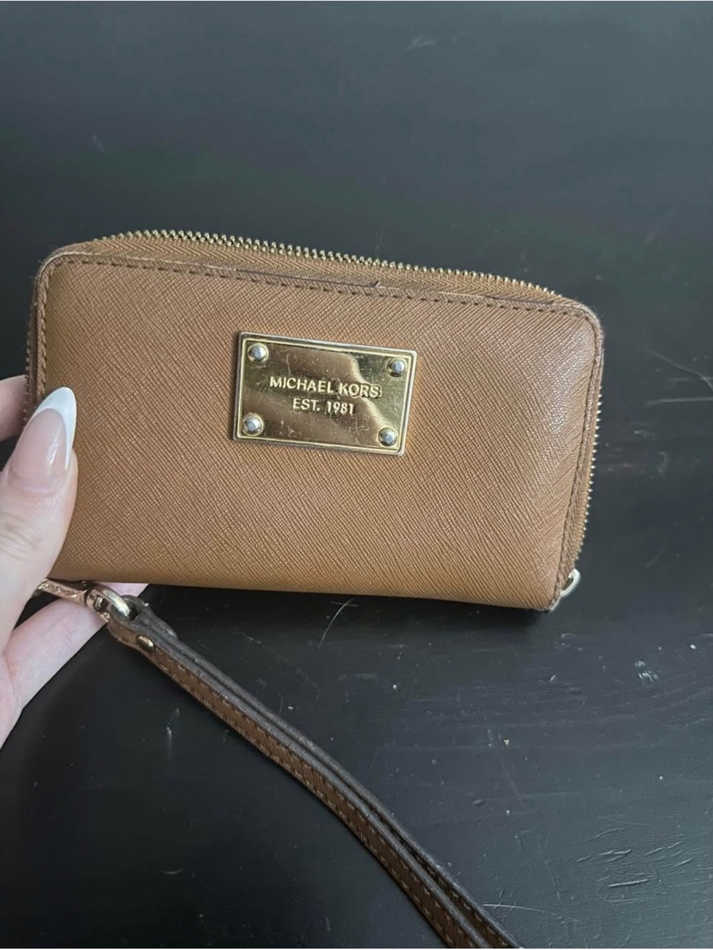 Michael Kors Tan Leather Zip Wristlet with Gold Plate